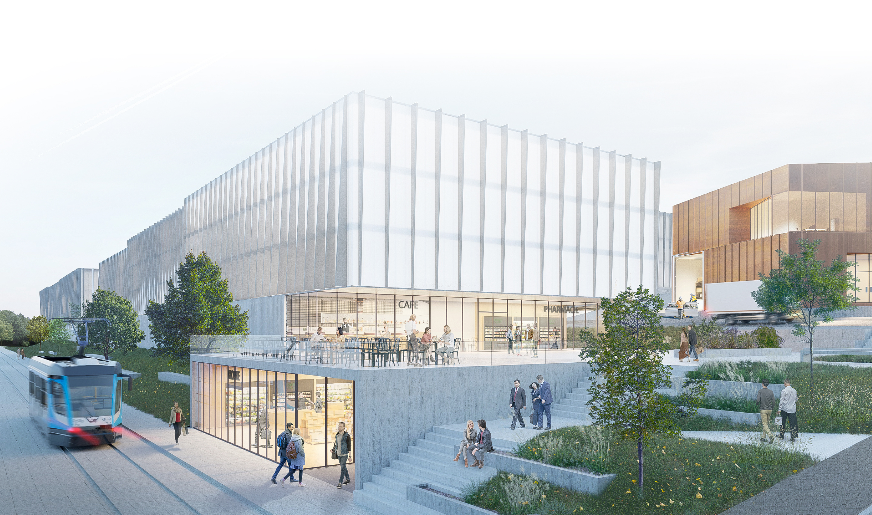 futur tram devant le batiment POLYPRIME